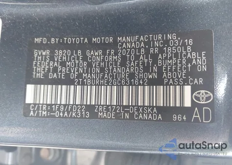 2016 Toyota Corolla S Plus from USA, damaged, VIN 2T1BURHE2GC631642